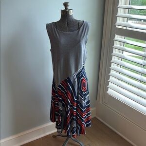 Anthropologie Maeve Striped and Geometric Pattern Dress - Navy, White and Red